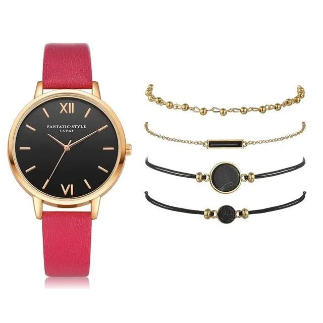 5pcs Set-Top Style Fashion Women's Luxury Leather Band Analog Quartz Wristwatch Ladies Watch - Blade & Thread