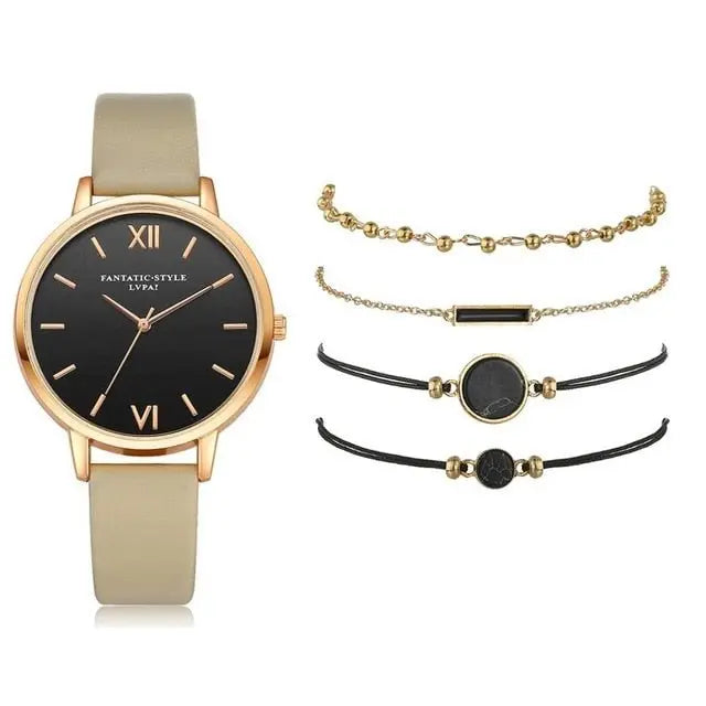 5pcs Set-Top Style Fashion Women's Luxury Leather Band Analog Quartz Wristwatch Ladies Watch - Blade & Thread