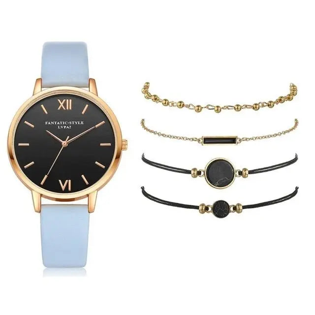 5pcs Set-Top Style Fashion Women's Luxury Leather Band Analog Quartz Wristwatch Ladies Watch - Blade & Thread