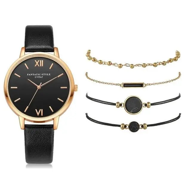 5pcs Set-Top Style Fashion Women's Luxury Leather Band Analog Quartz Wristwatch Ladies Watch nowadaysfashion