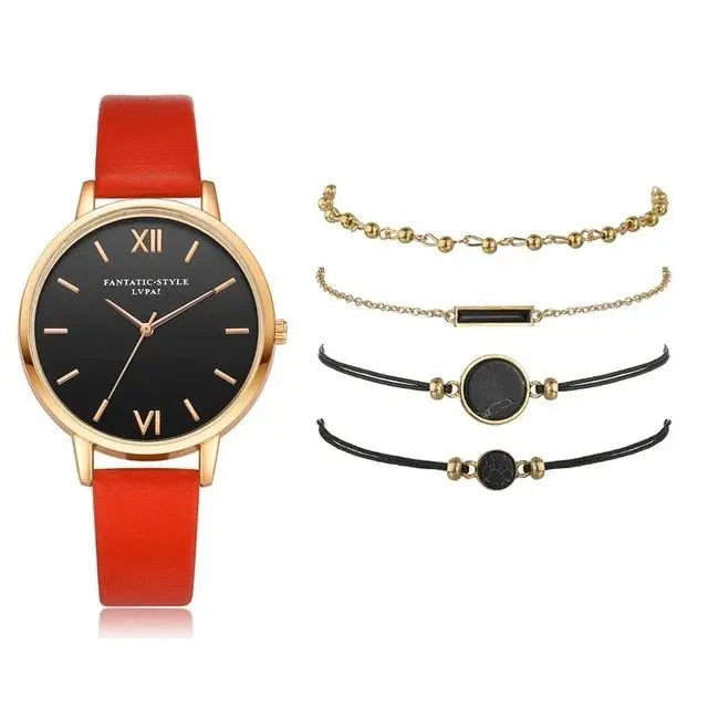 5pcs Set-Top Style Fashion Women's Luxury Leather Band Analog Quartz Wristwatch Ladies Watch - Blade & Thread