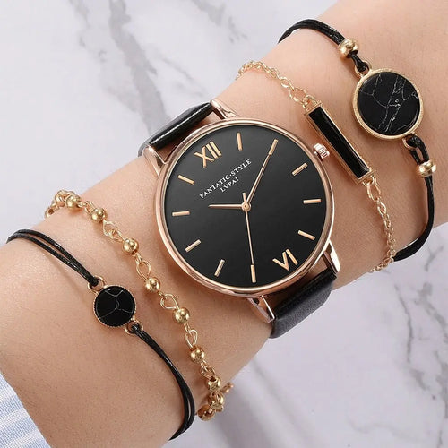 5pcs Set-Top Style Fashion Women's Luxury Leather Band Analog Quartz Wristwatch Ladies Watch nowadaysfashion