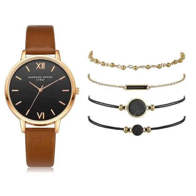 5pcs Set-Top Style Fashion Women's Luxury Leather Band Analog Quartz Wristwatch Ladies Watch - Blade & Thread