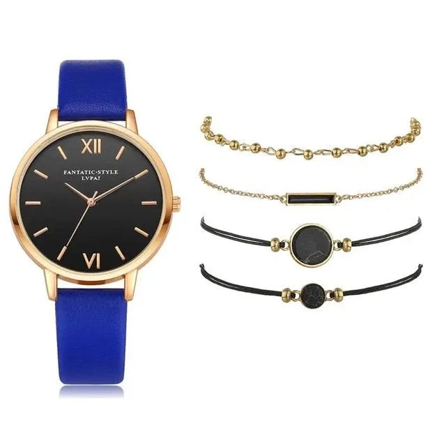 5pcs Set-Top Style Fashion Women's Luxury Leather Band Analog Quartz Wristwatch Ladies Watch - Blade & Thread