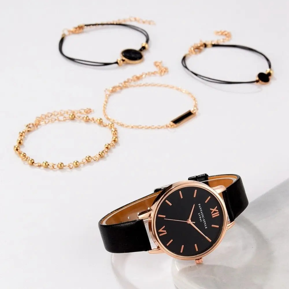 5pcs Set-Top Style Fashion Women's Luxury Leather Band Analog Quartz Wristwatch Ladies Watch - Blade & Thread