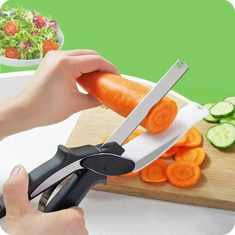 Slim Stainless Steel Kitchen Food Cutter Scissors With Integrated Cutting Board Blade & Thread