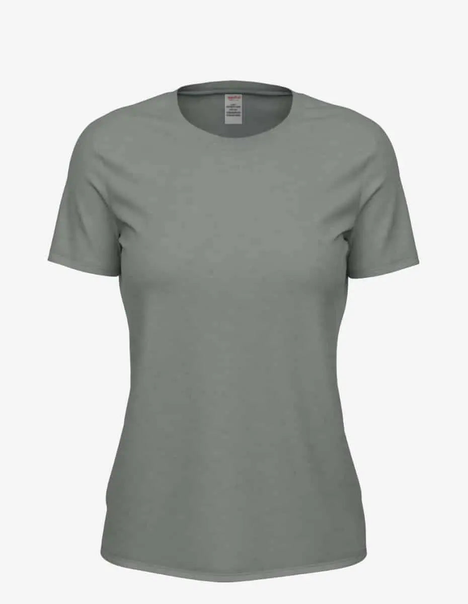 Women’s Ash Heather Club Crew T-Shirt by SpectraUSA, front view showing casual fit and soft fabric.
