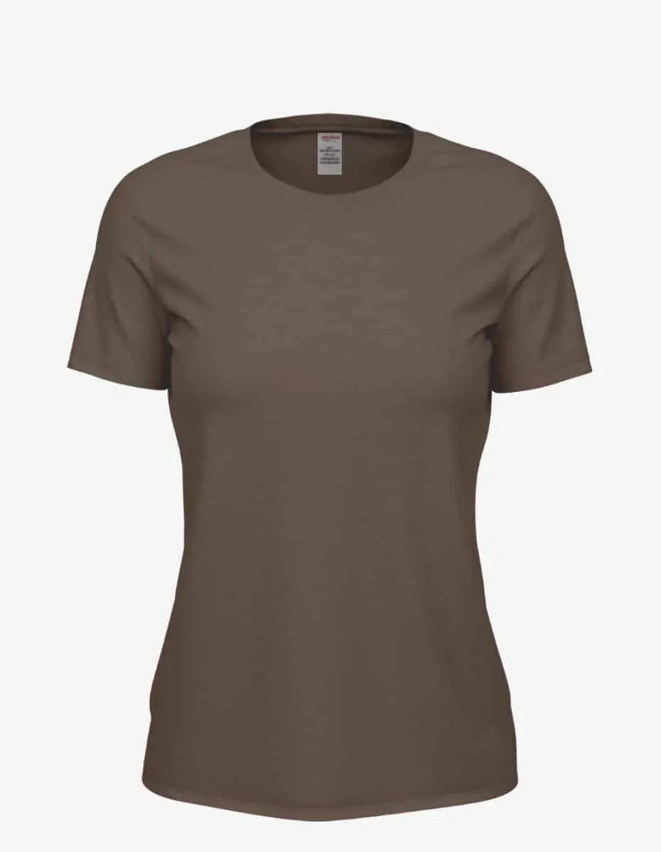 Women's brown heather Club Crew T-Shirt by SpectraUSA, front view showing classic crew neckline and comfortable fit.