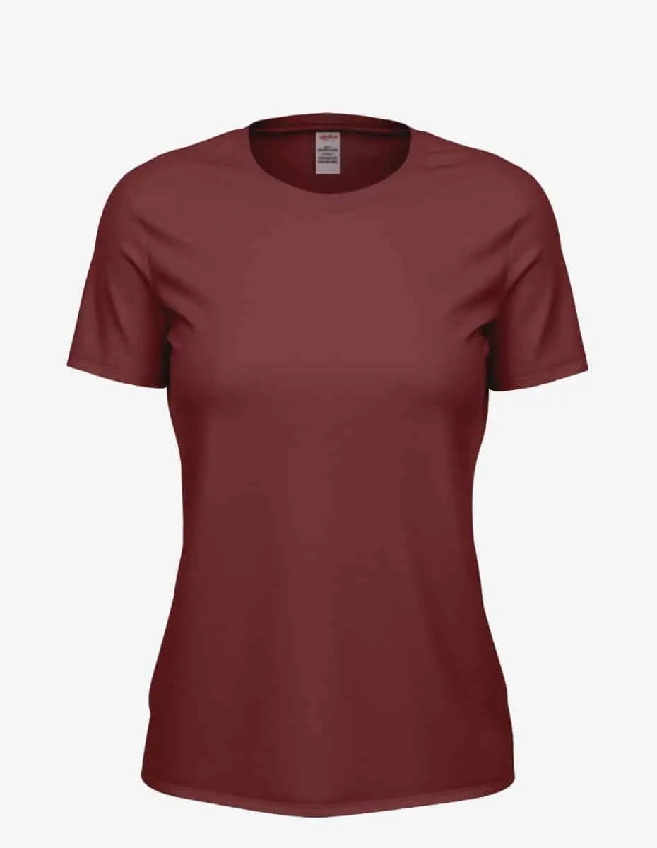 Women’s Burgundy Heather Club Crew T-Shirt by SpectraUSA, showing the back view with casual fit and soft fabric.