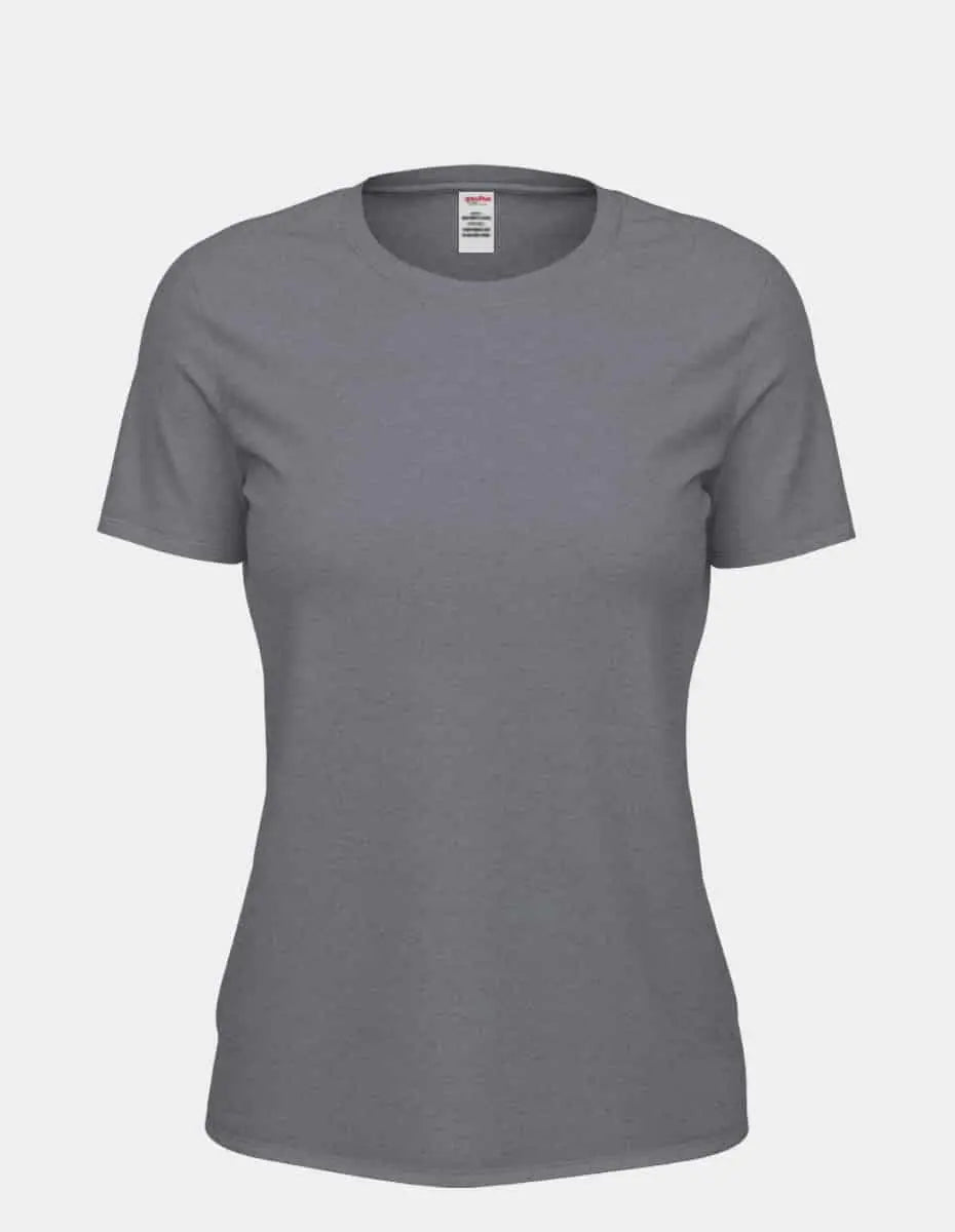 Women’s heather gray Club Crew T-Shirt by SpectraUSA, front view showing classic crew neckline and comfortable fit.
