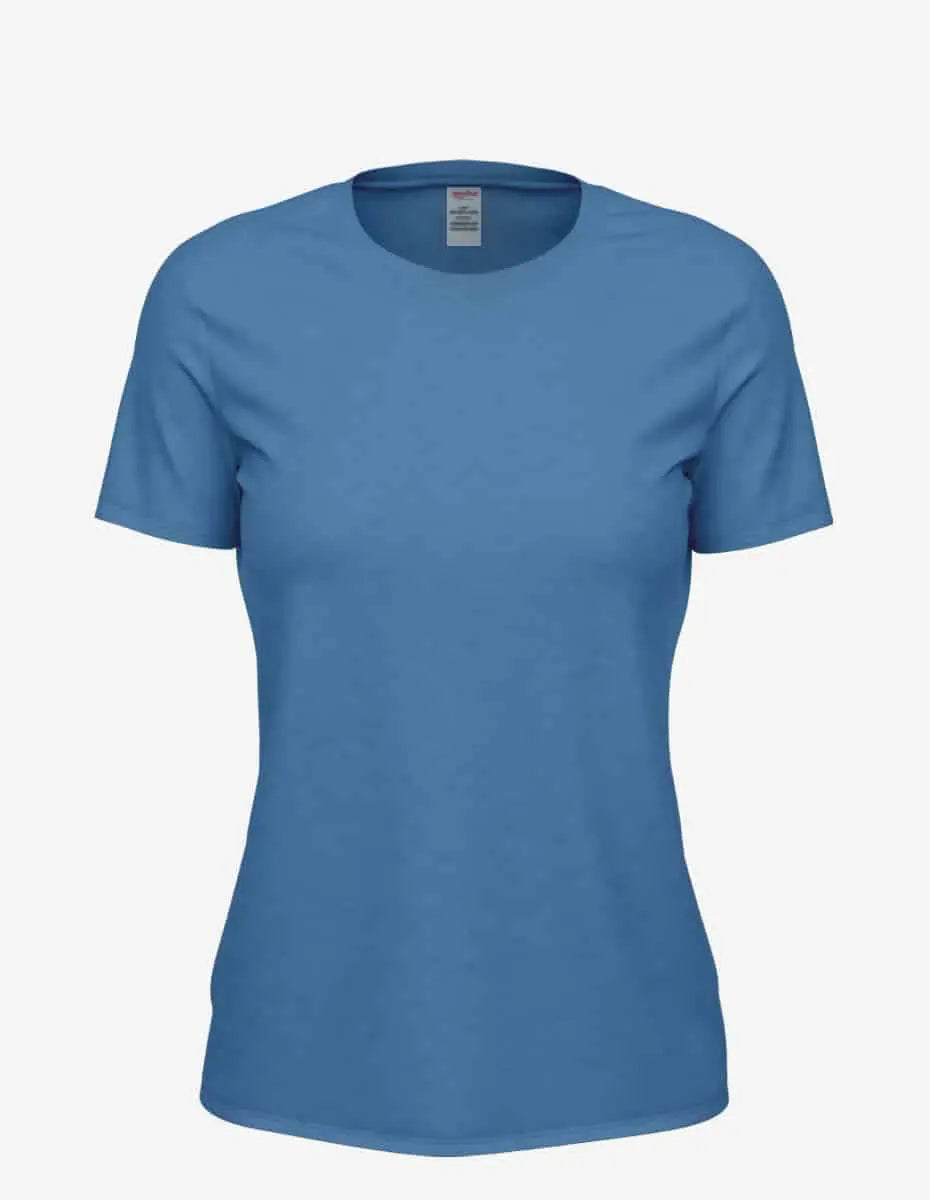 Light blue Heather Club Crew T-Shirt for women by SpectraUSA, front view showing comfortable fit and soft fabric.