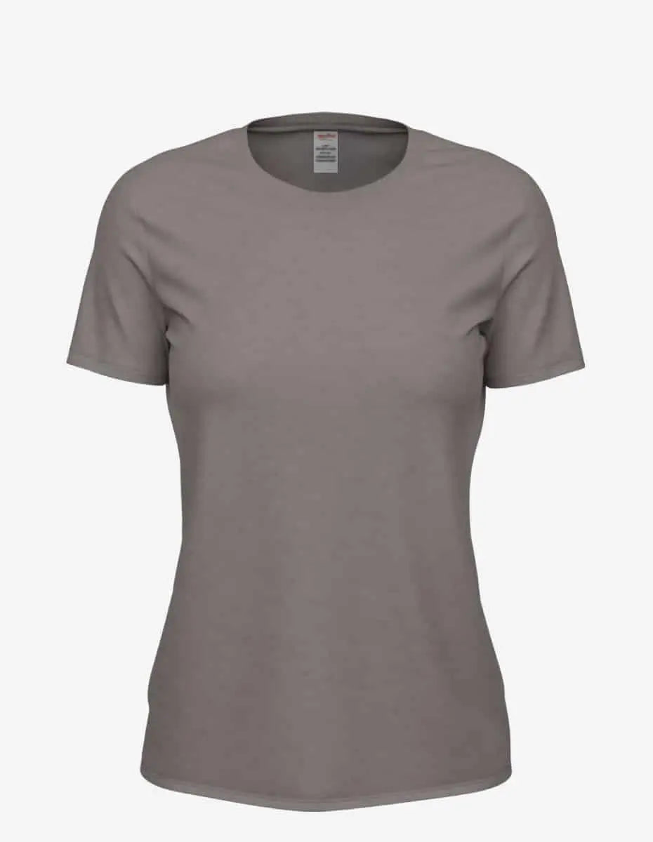 Medium grey women's Club Crew T-Shirt by SpectraUSA, front view showing comfortable crew neck and casual fit.