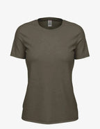 Women’s olive heather Club Crew T-Shirt by SpectraUSA, front view showcasing casual fit and soft fabric.