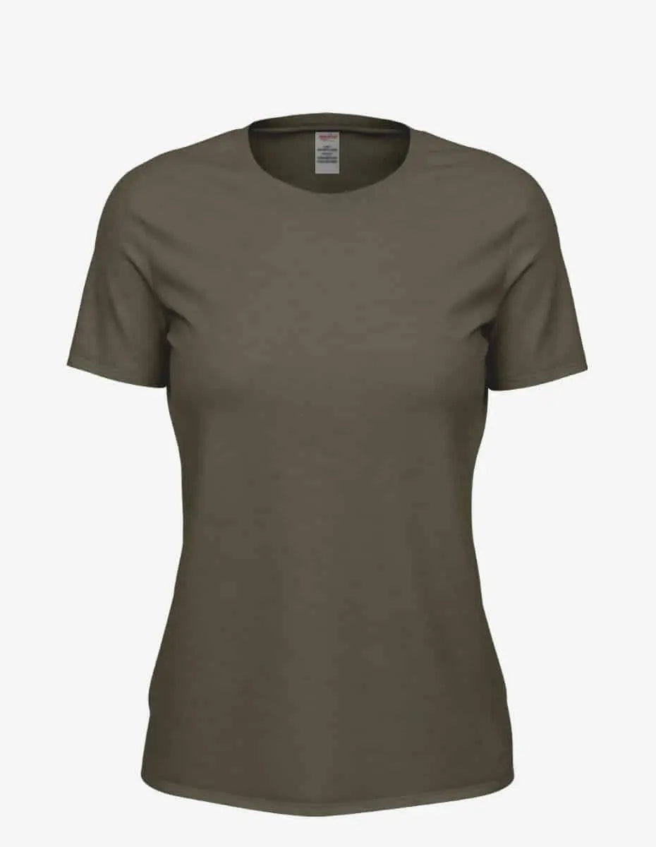 Women’s olive heather Club Crew T-Shirt by SpectraUSA, front view showcasing casual fit and soft fabric.
