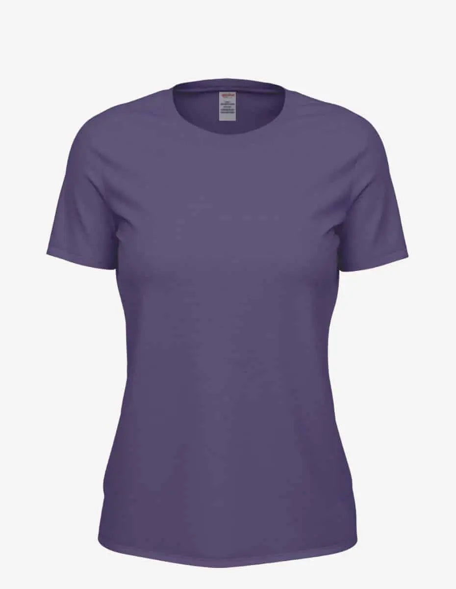 Women's purple heather Club Crew T-Shirt by SpectraUSA, front view showing casual crew neck and relaxed fit.