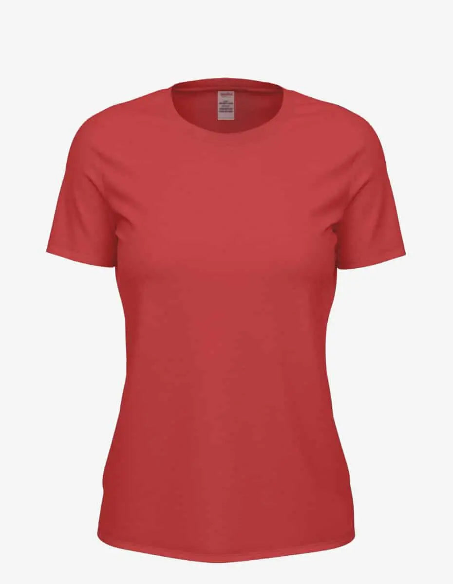 Red Heather Club Crew T-Shirt for women by SpectraUSA, front view showing casual fit and soft fabric detail.