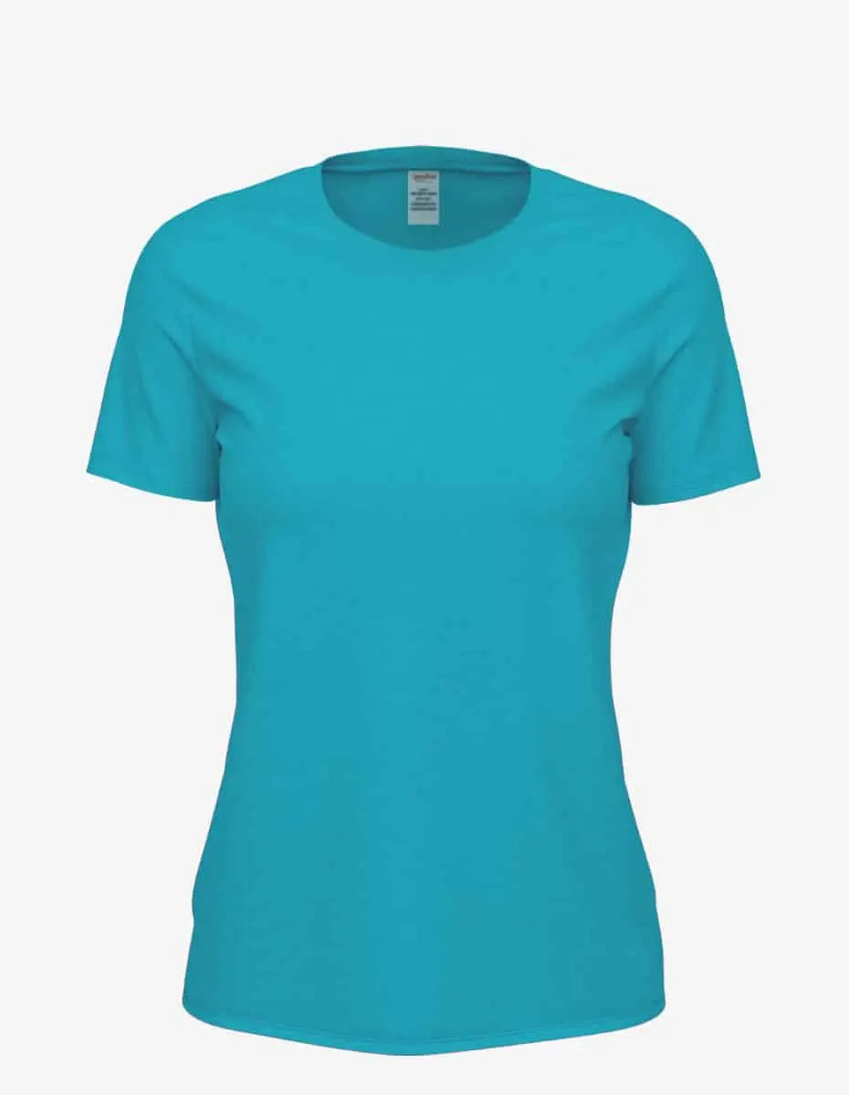 Women's turquoise heather Club Crew T-Shirt by SpectraUSA, front view showing soft fabric and casual fit.