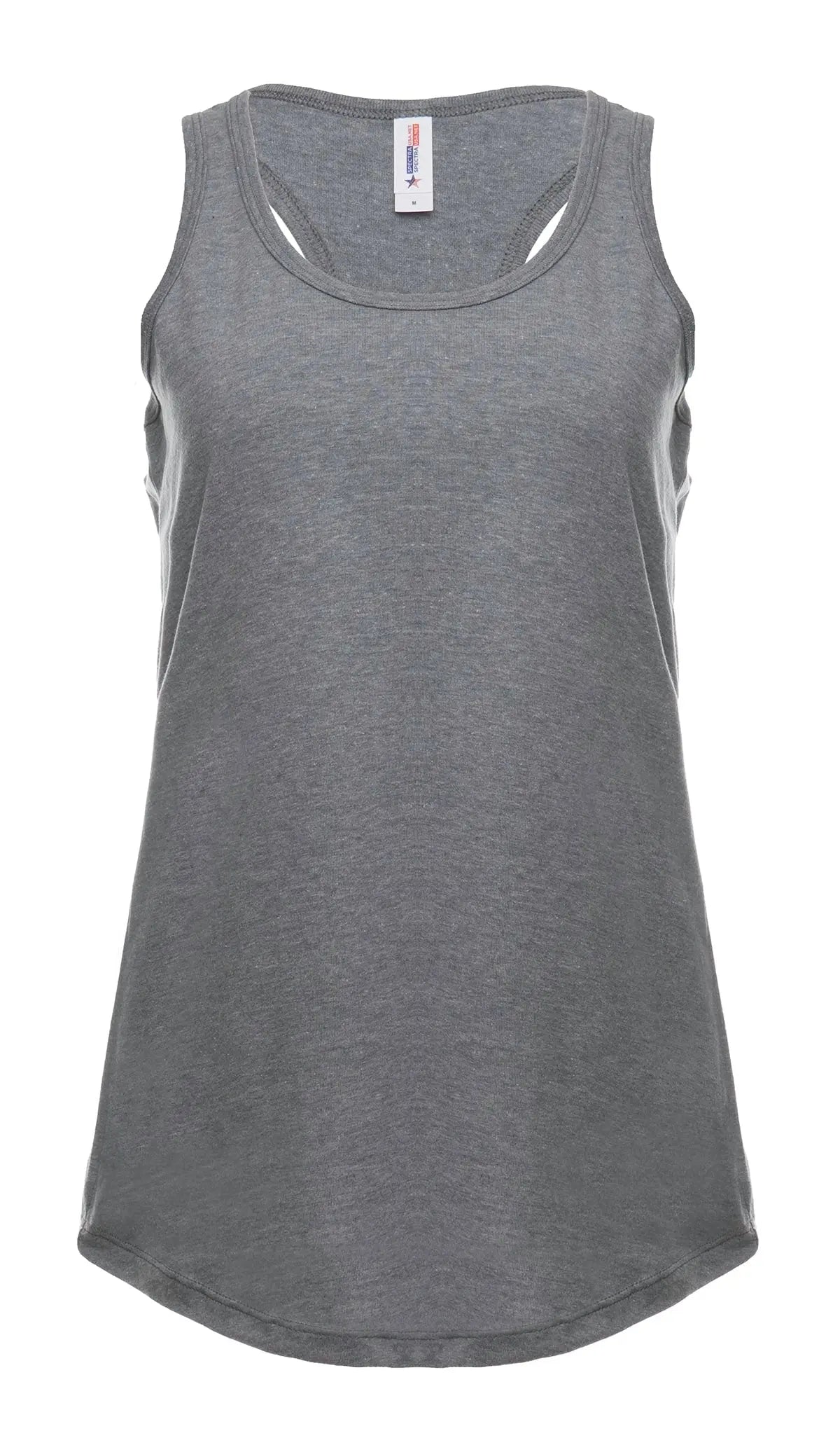 Women’s racer back tank top by SpectraUSA in ash heather, front view showing lightweight sleeveless design.