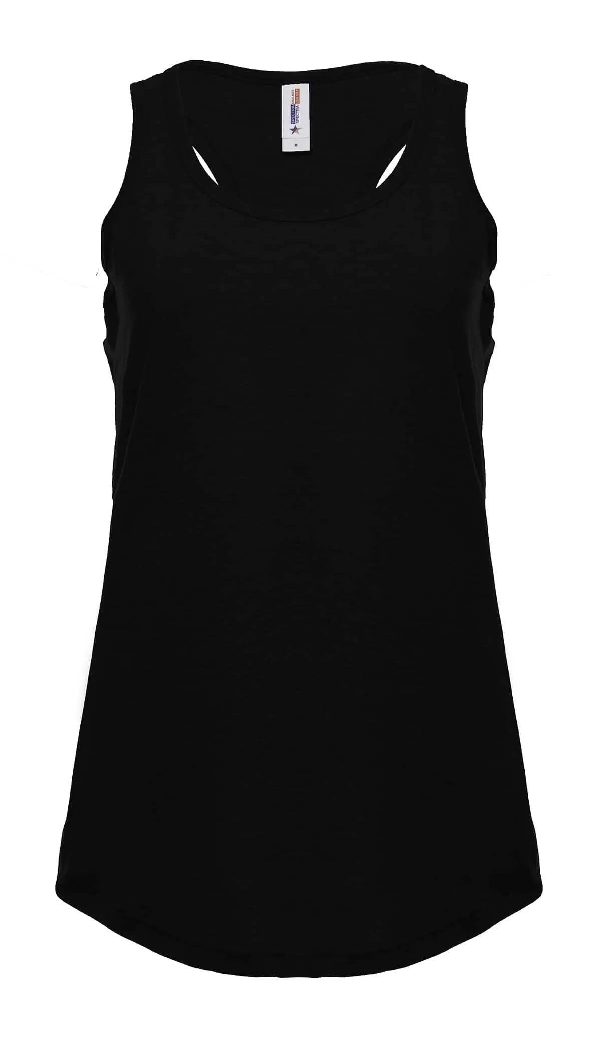 Black women's Racer Back Tank top by SpectraUSA, front view showing fitted sleeveless design and racer back style.