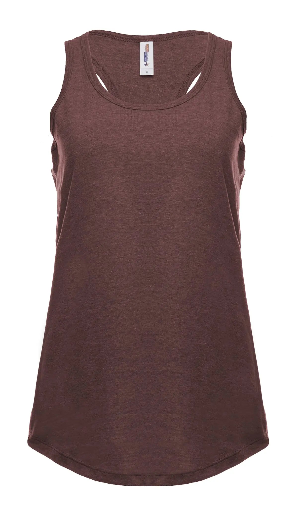 Women's racer back tank top by SpectraUSA in burgundy heather, front view showcasing sleeveless design and comfortable fit.
