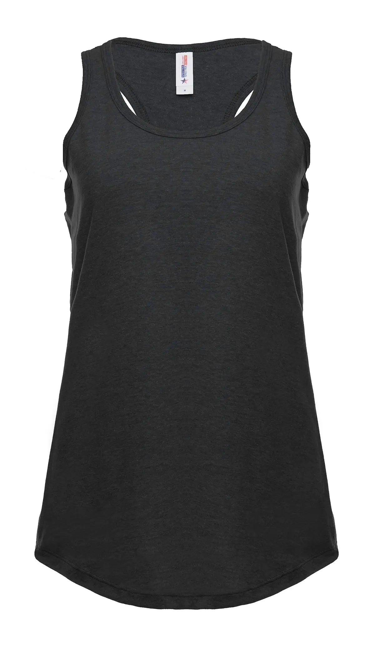 Women's racer back tank top in charcoal heather from SpectraUSA, front view showing sleeveless design and comfortable fit.