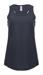 Navy Heather women's racer back tank top by SpectraUSA, front view showing comfortable fit and sleeveless design.