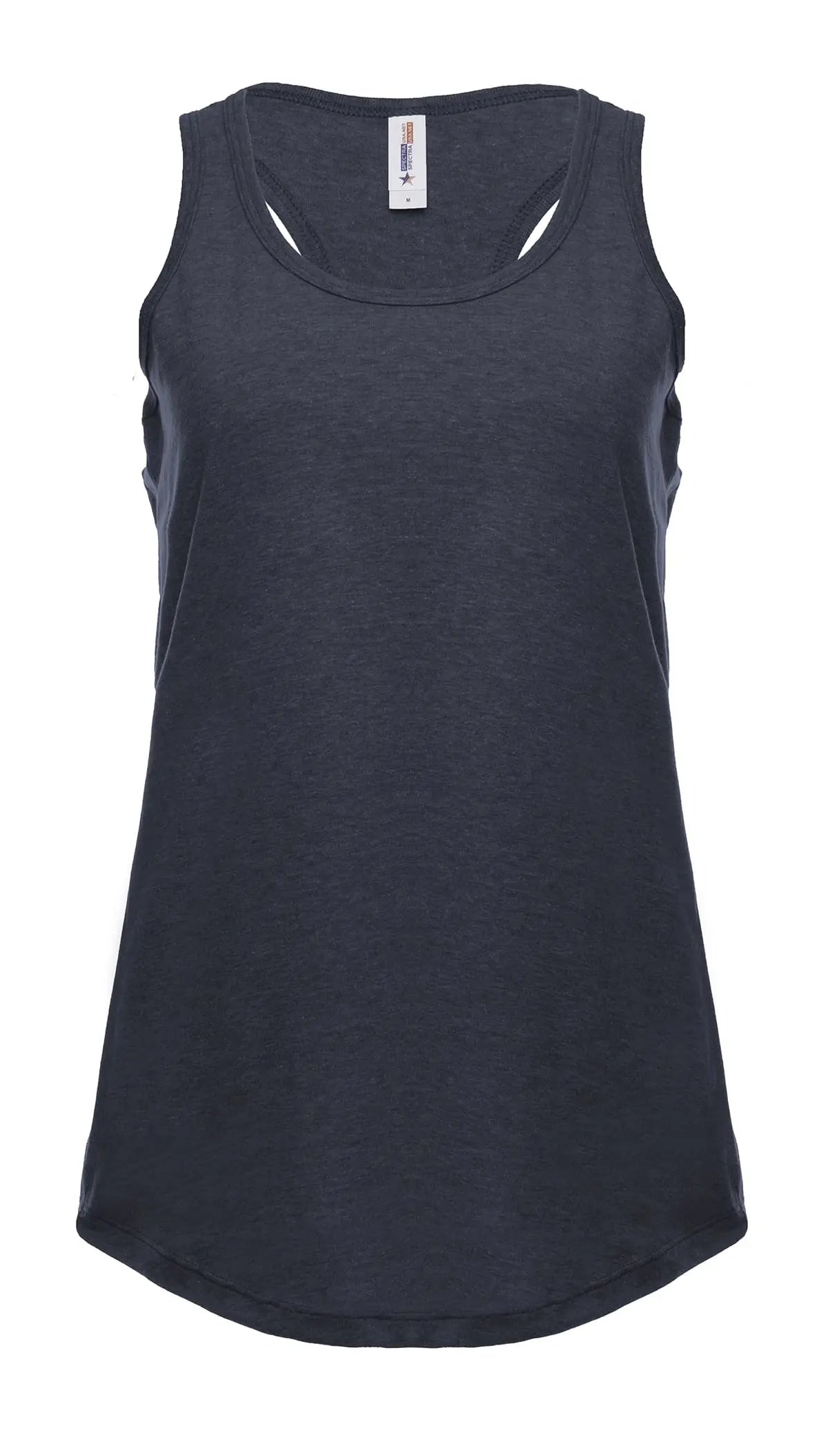 Navy Heather women's racer back tank top by SpectraUSA, front view showing comfortable fit and sleeveless design.