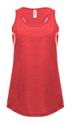 Red heather racer back tank top for women by SpectraUSA, front view showing sleeveless design and athletic fit.