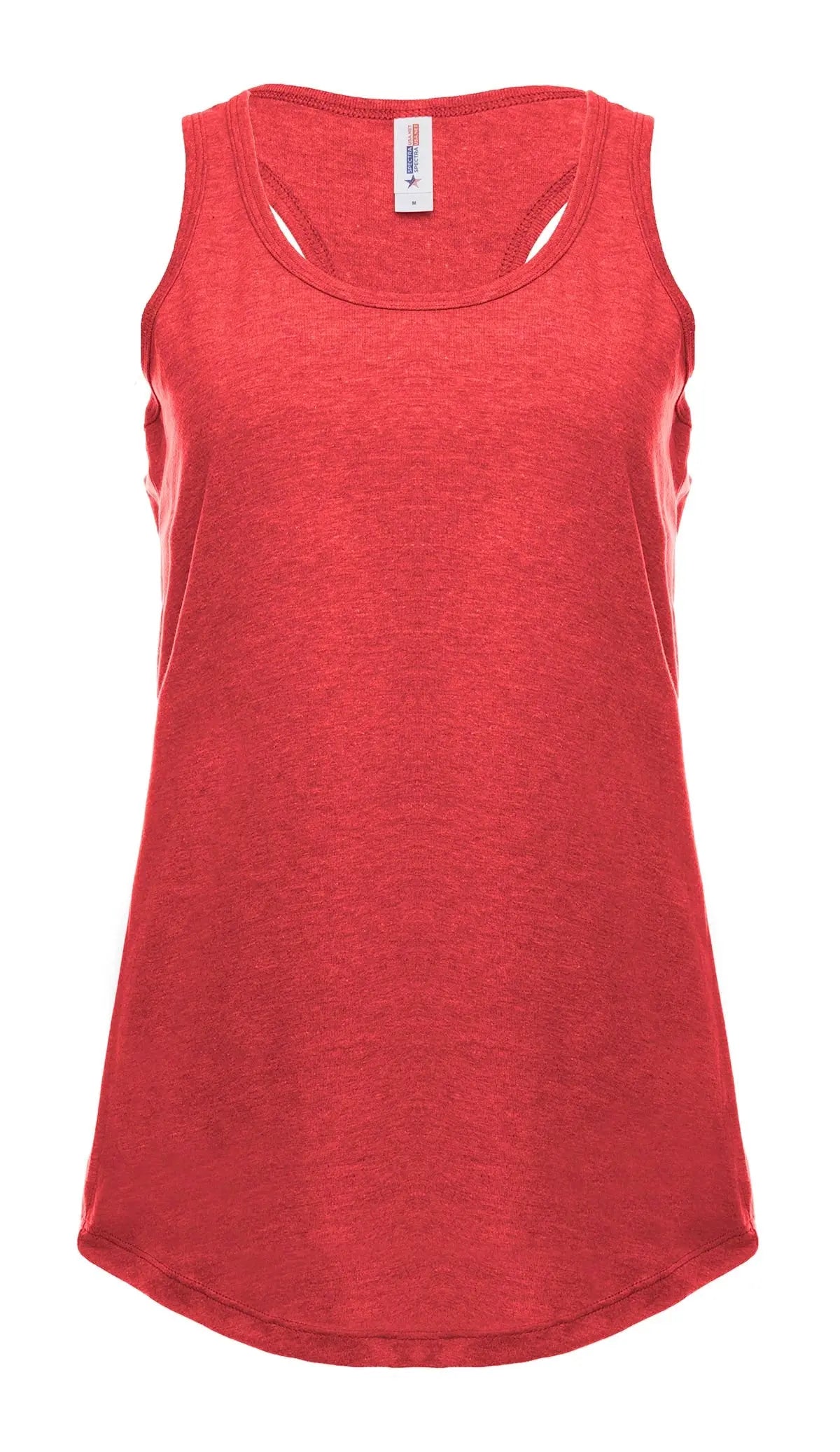 Red heather racer back tank top for women by SpectraUSA, front view showing sleeveless design and athletic fit.