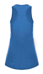Women’s Royal Heather Racer Back Tank top by SpectraUSA shown from the back with a fitted style and racer back design.