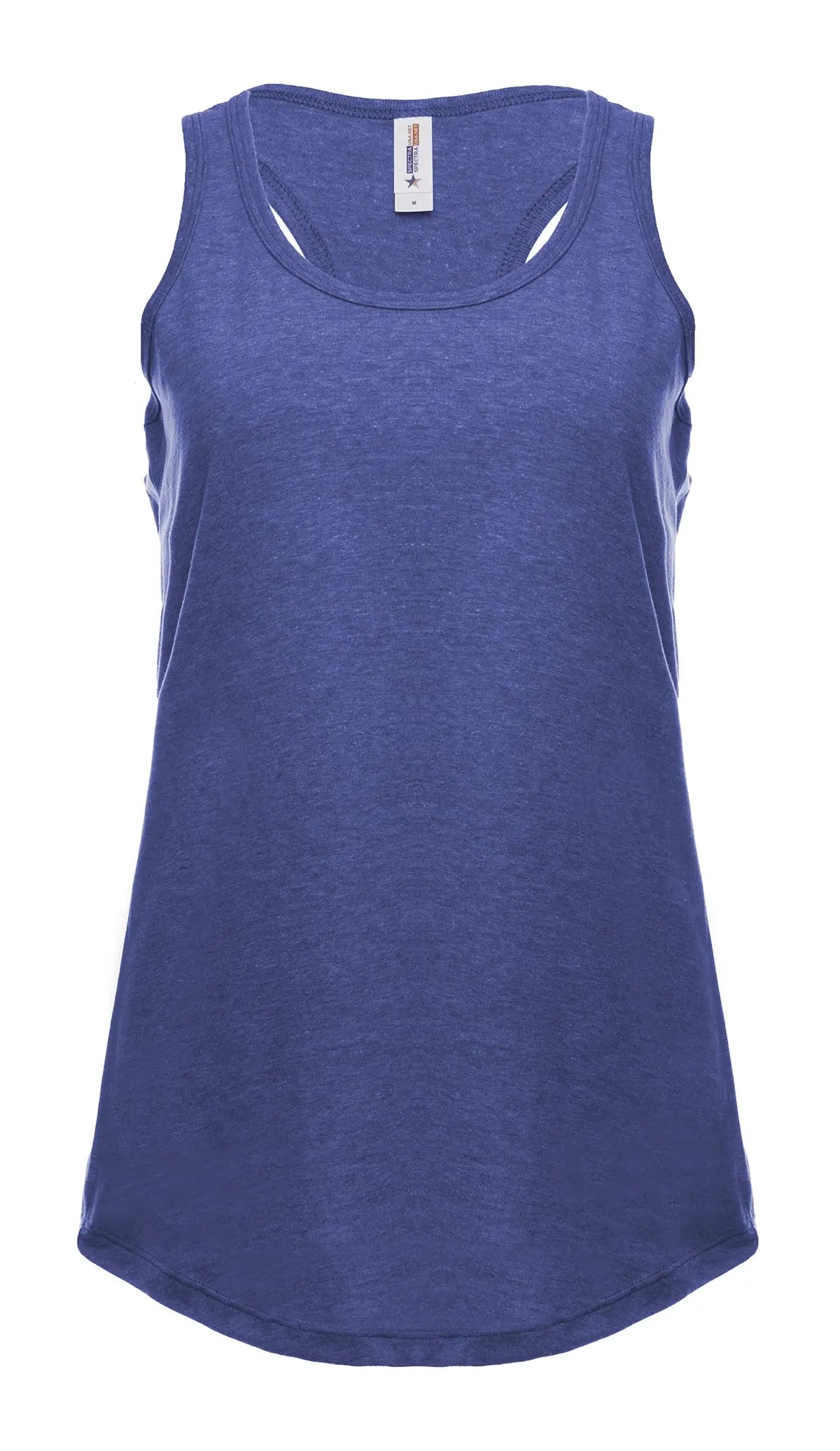 Women's racer back tank top in royal heather by SpectraUSA, front view showing sleeveless design and comfortable fit.