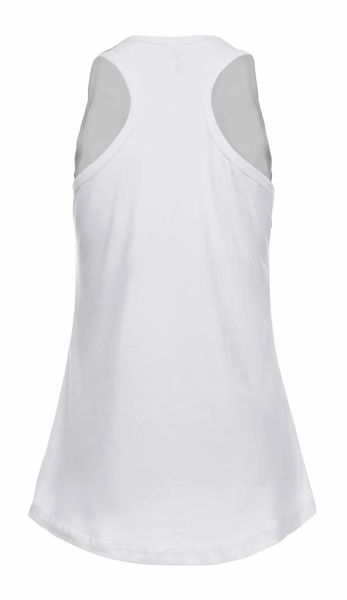 White women's racer back tank top by SpectraUSA, showing the back view with fitted design and sleeveless style.