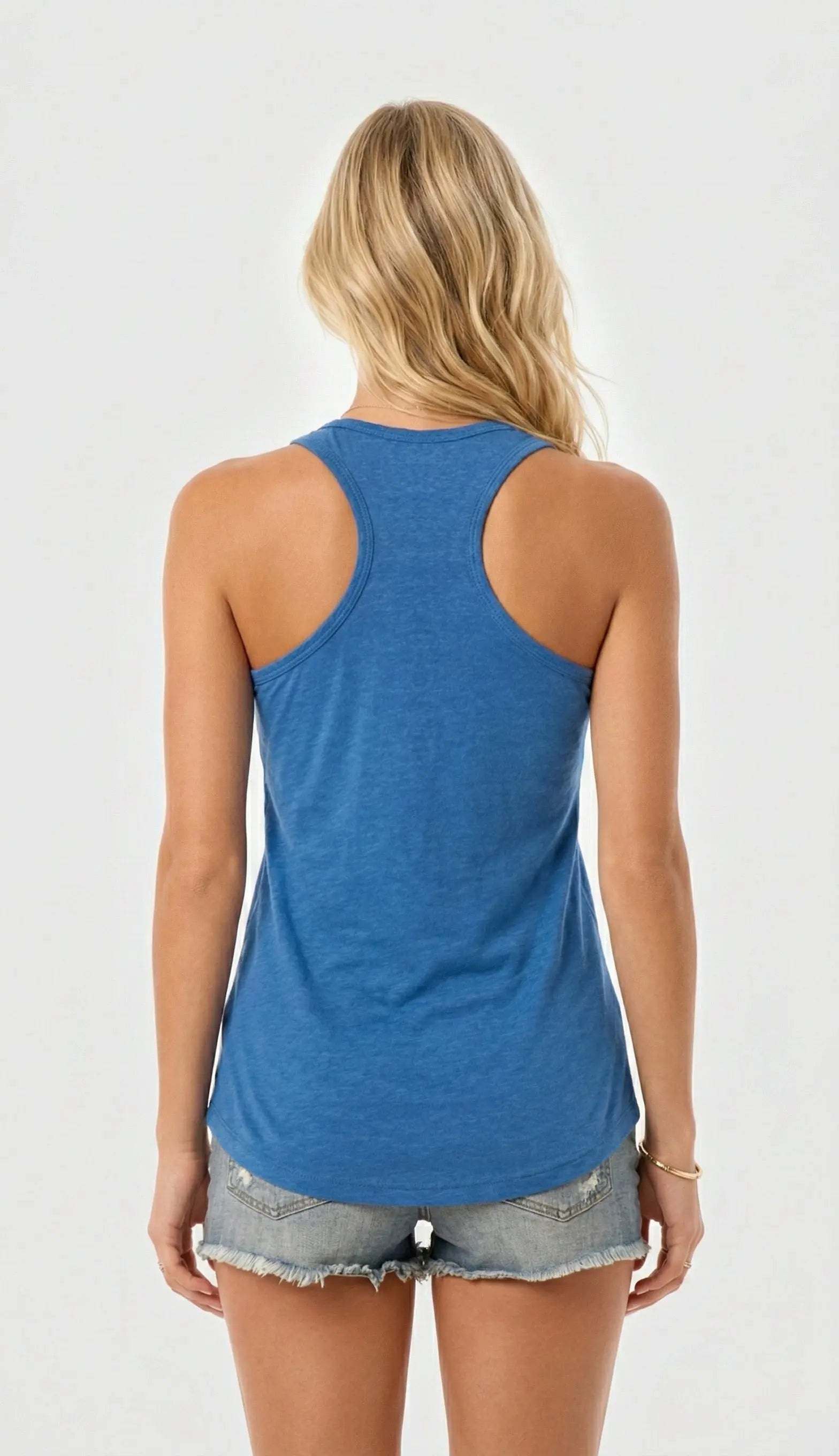 Blue women's racer back tank top by SpectraUSA, showcasing a comfortable fit and stylish design.