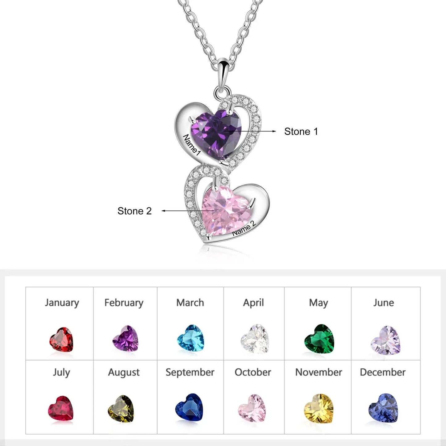 925 Sterling Silver Heart Necklace with 2 Birthstone Cubic Zirconia Custom Name Pendant - Blade & Thread
