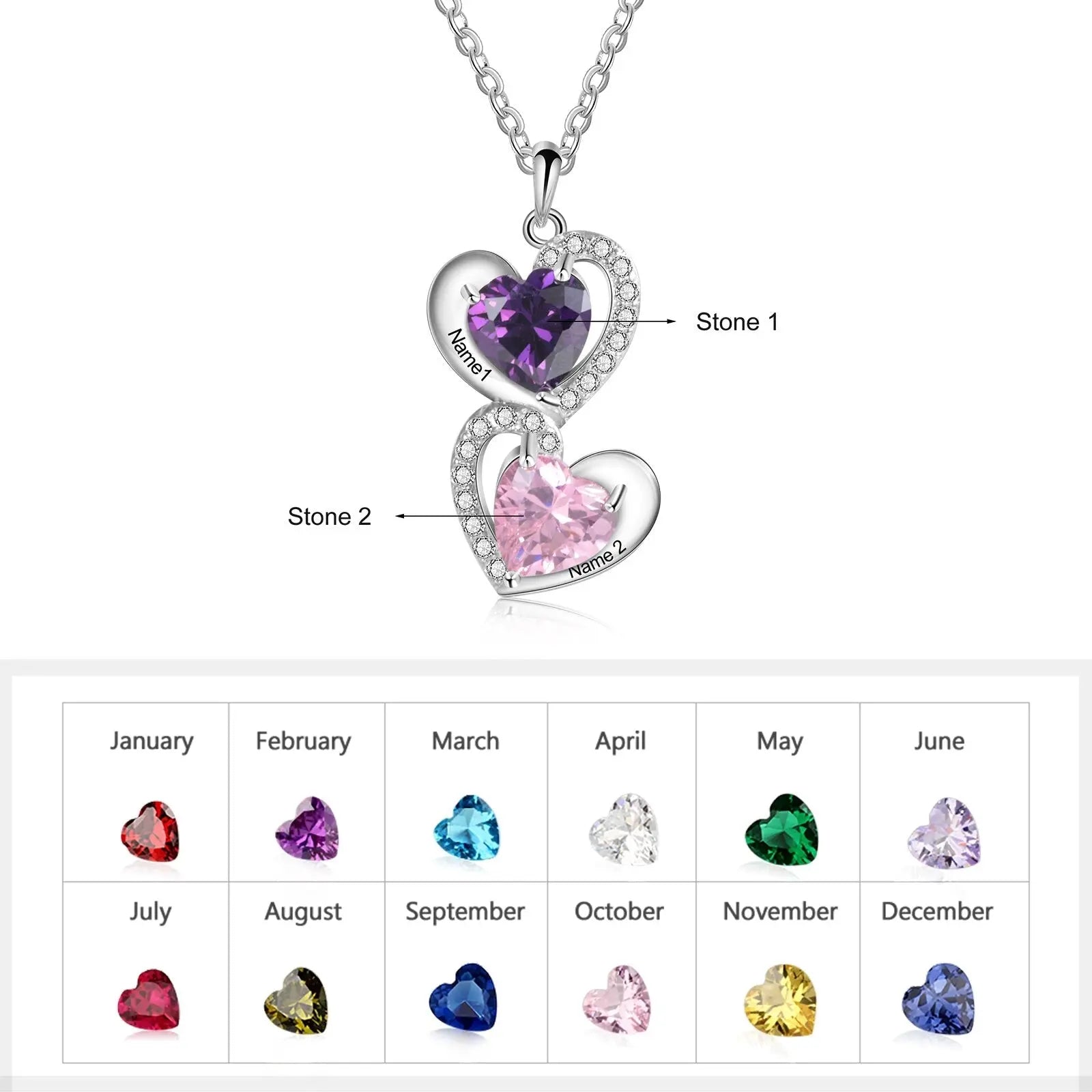 925 Sterling Silver Heart Necklace with 2 Birthstone Cubic Zirconia Custom Name Pendant nowadaysfashion