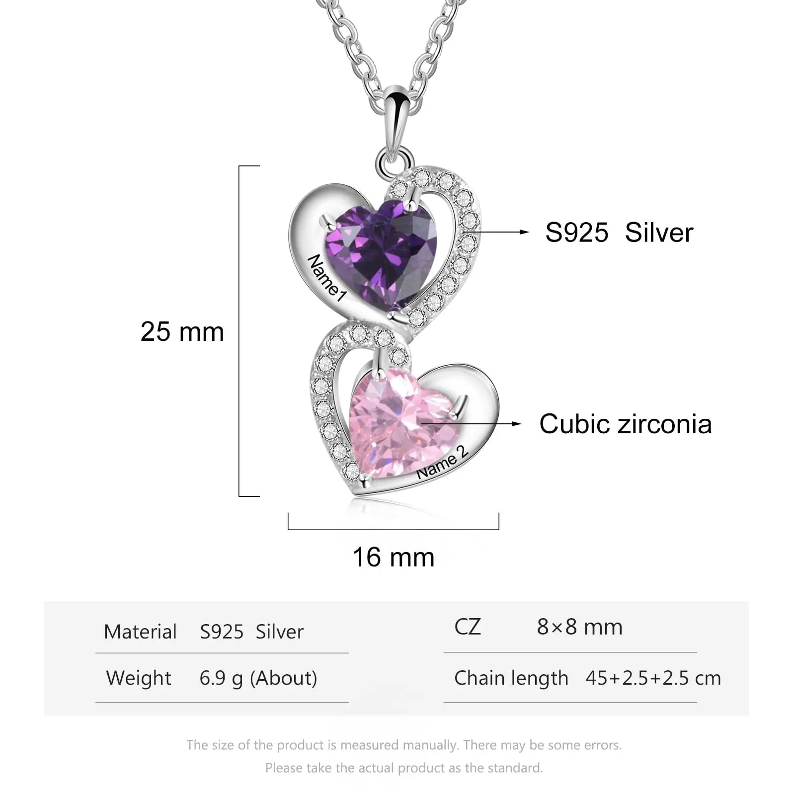 925 Sterling Silver Heart Necklace with 2 Birthstone Cubic Zirconia Custom Name Pendant nowadaysfashion