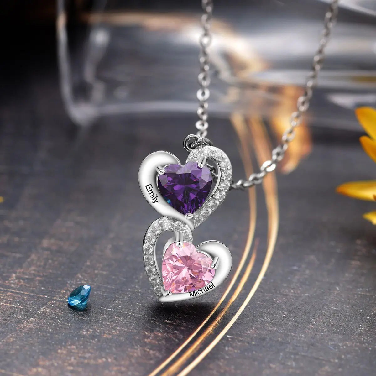 925 Sterling Silver Heart Necklace with 2 Birthstone Cubic Zirconia Custom Name Pendant nowadaysfashion
