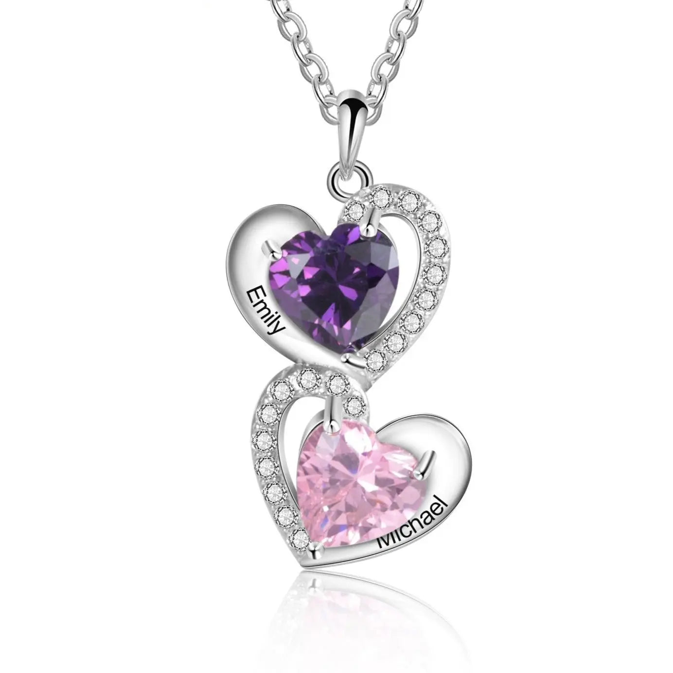 925 Sterling Silver Heart Necklace with 2 Birthstone Cubic Zirconia Custom Name Pendant - Blade & Thread