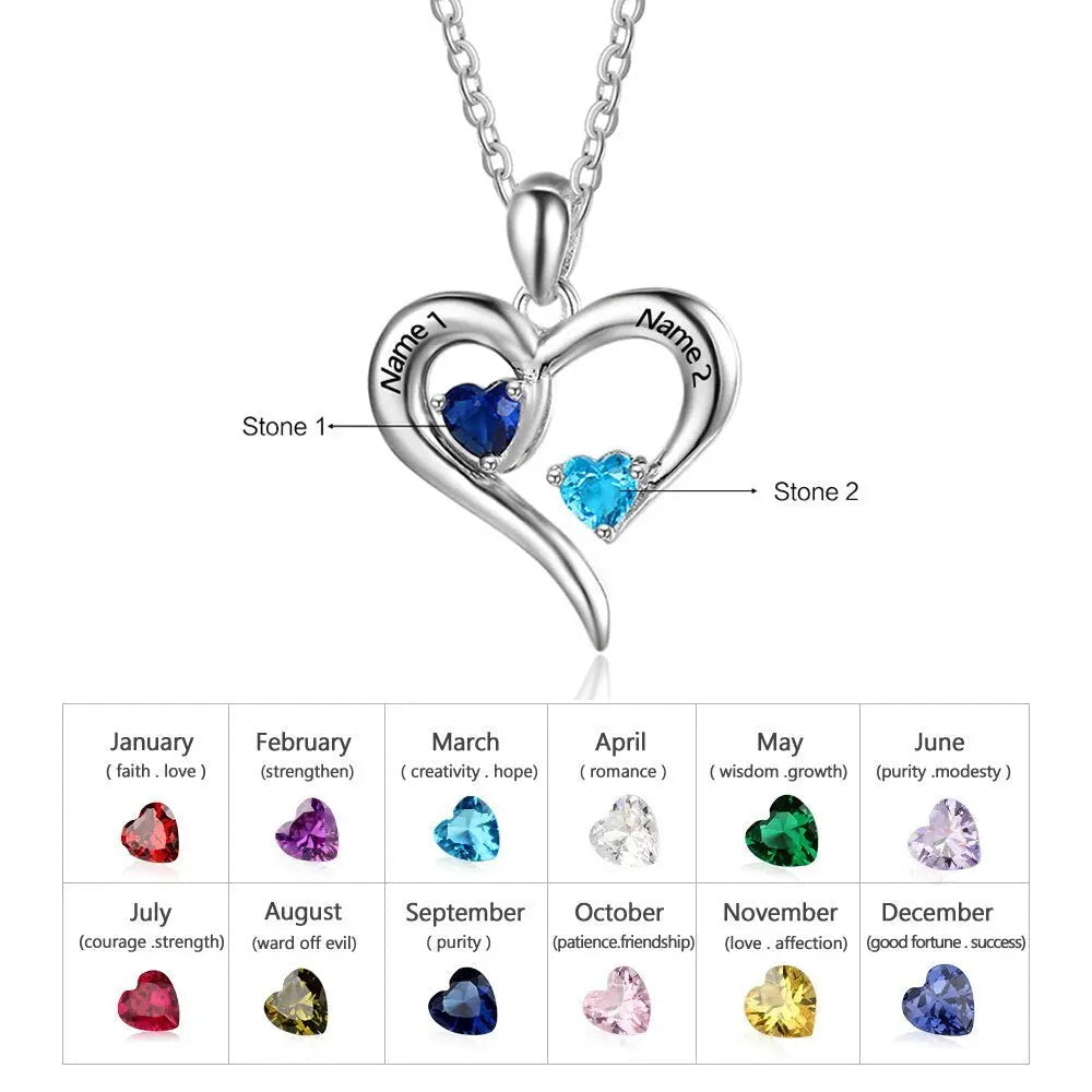 925 Sterling Silver Heart Necklace with 2 Birthstones Custom Engrave Name Pendant nowadaysfashion