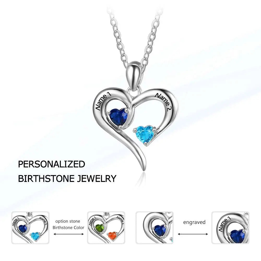 925 Sterling Silver Heart Necklace with 2 Birthstones Custom Engrave Name Pendant nowadaysfashion