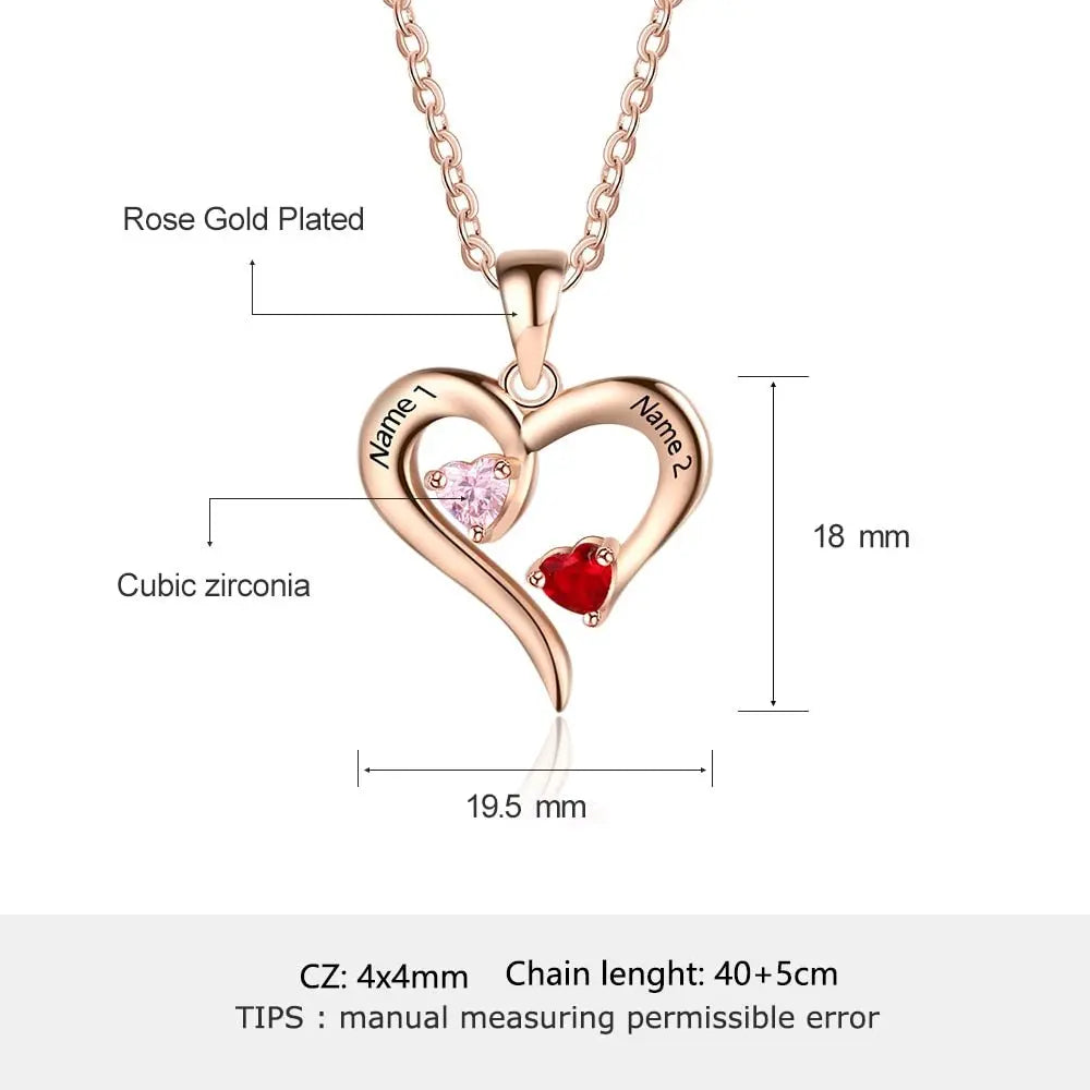 925 Sterling Silver Heart Necklace with 2 Birthstones Custom Engrave Name Pendant nowadaysfashion