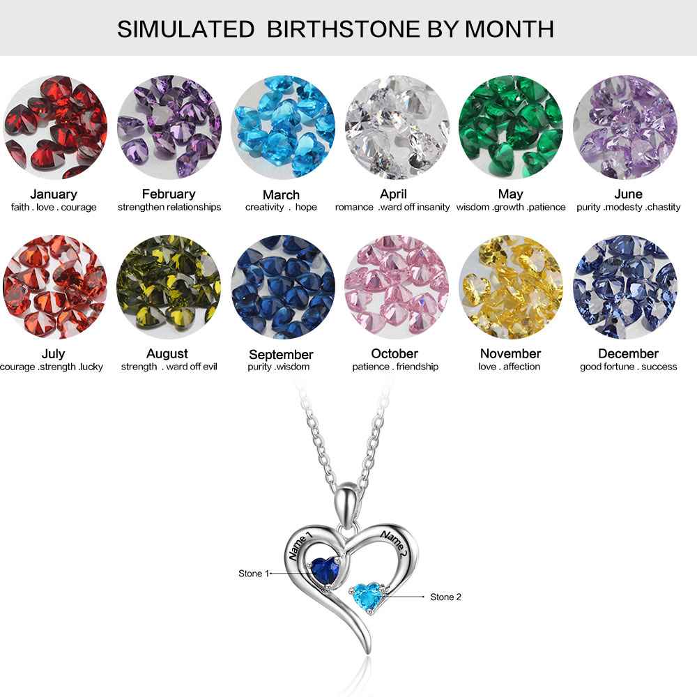 925 Sterling Silver Heart Necklace with 2 Birthstones Custom Engrave Name Pendant - Blade & Thread