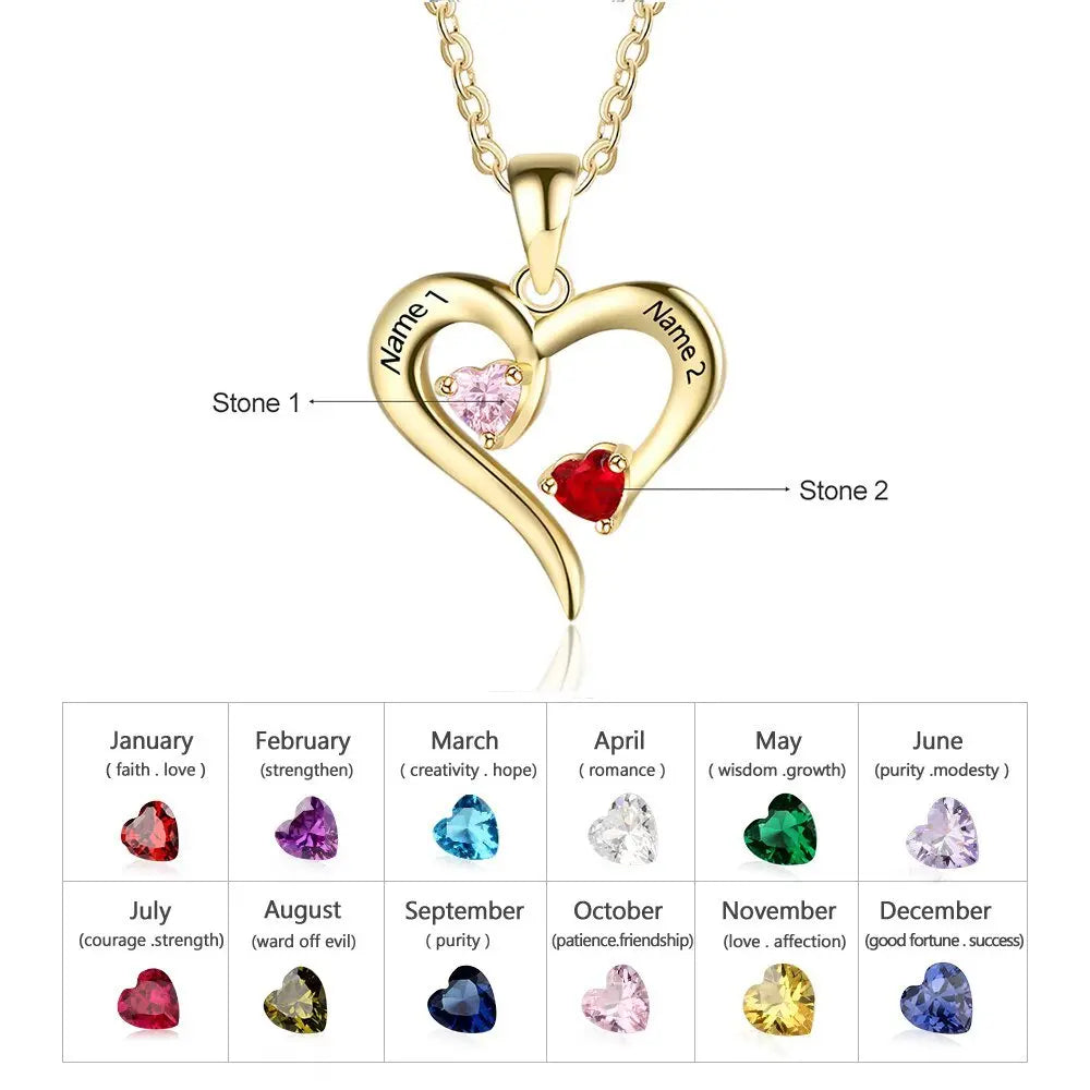 925 Sterling Silver Heart Necklace with 2 Birthstones Custom Engrave Name Pendant - Blade & Thread
