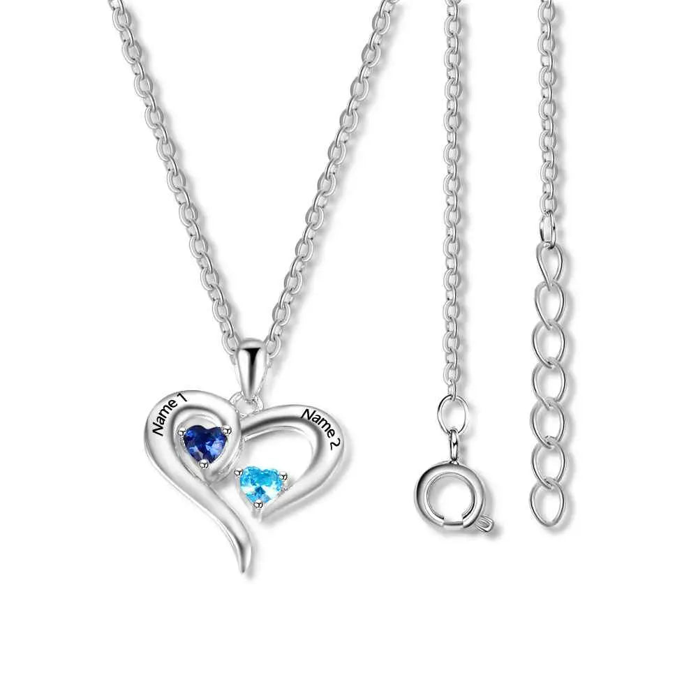 925 Sterling Silver Heart Necklace with 2 Birthstones Custom Engrave Name Pendant - Blade & Thread