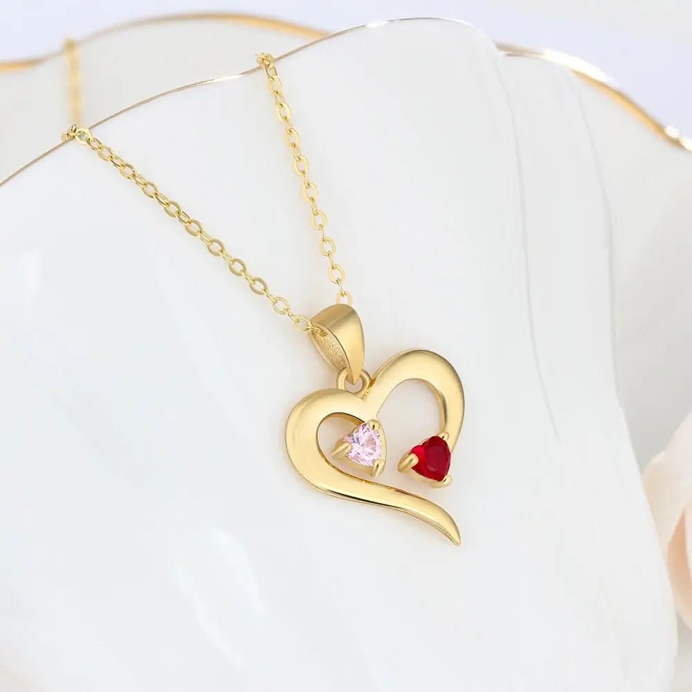 925 Sterling Silver Heart Necklace with 2 Birthstones Custom Engrave Name Pendant nowadaysfashion