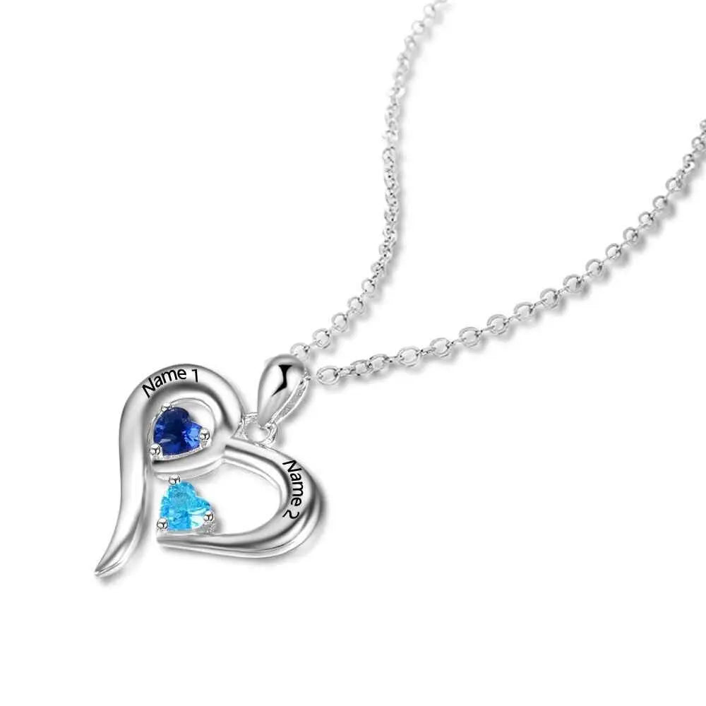 925 Sterling Silver Heart Necklace with 2 Birthstones Custom Engrave Name Pendant - Blade & Thread