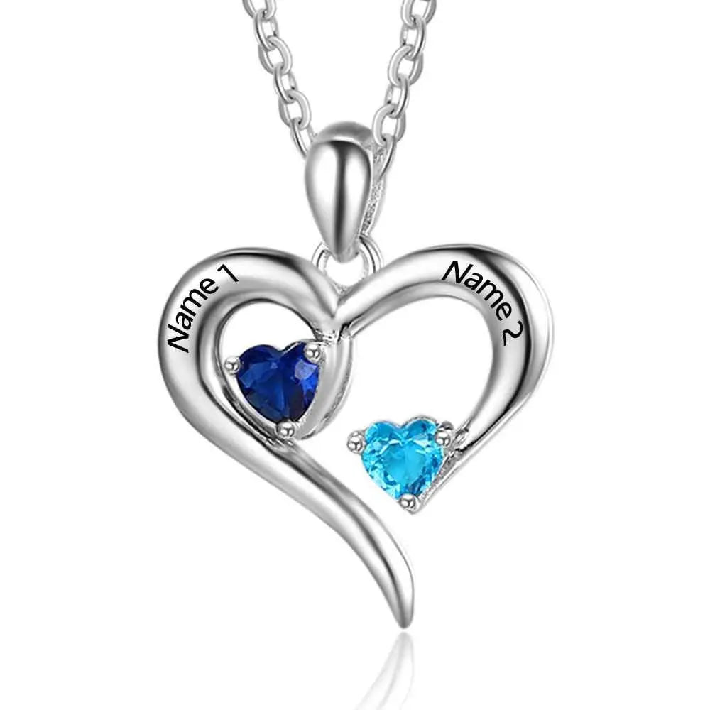 925 Sterling Silver Heart Necklace with 2 Birthstones Custom Engrave Name Pendant nowadaysfashion