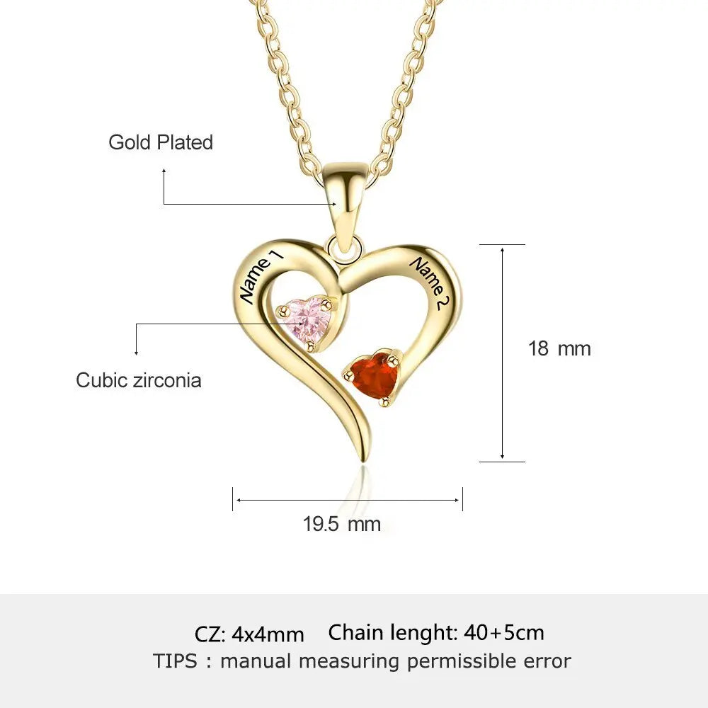 925 Sterling Silver Heart Necklace with 2 Birthstones Custom Engrave Name Pendant - Blade & Thread