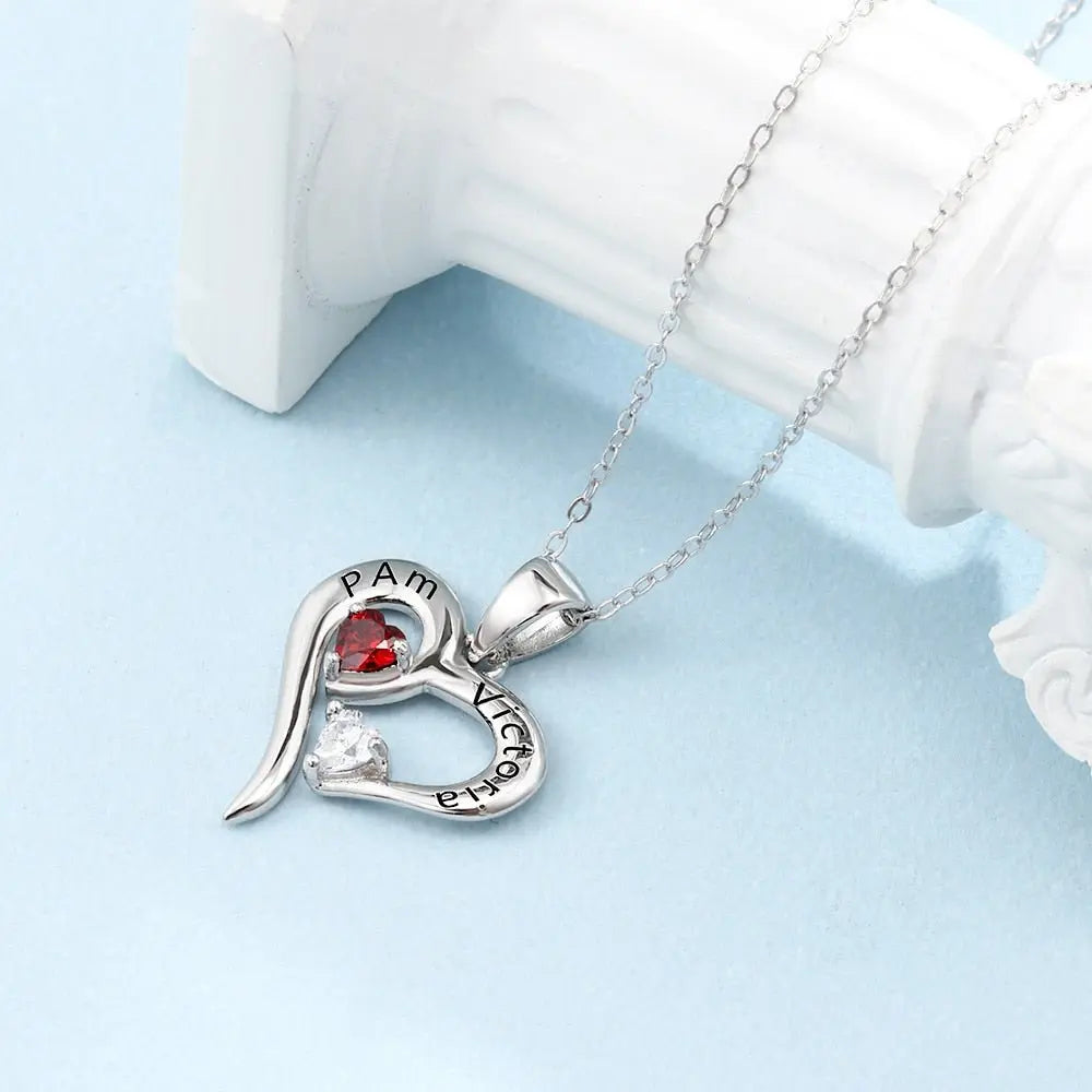 925 Sterling Silver Heart Necklace with 2 Birthstones Custom Engrave Name Pendant - Blade & Thread