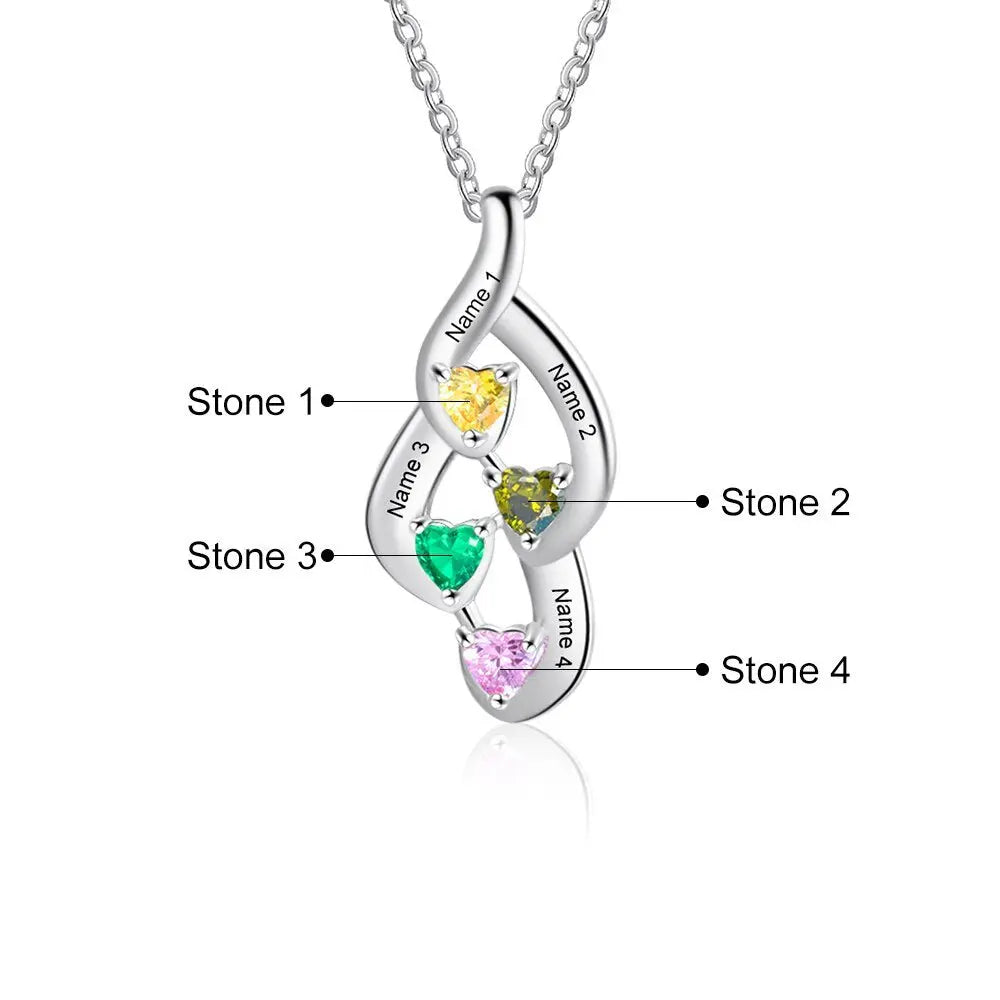 925 Sterling Silver Mother Necklace with 4 Custom Birthstones Name Heart Necklaces - Blade & Thread